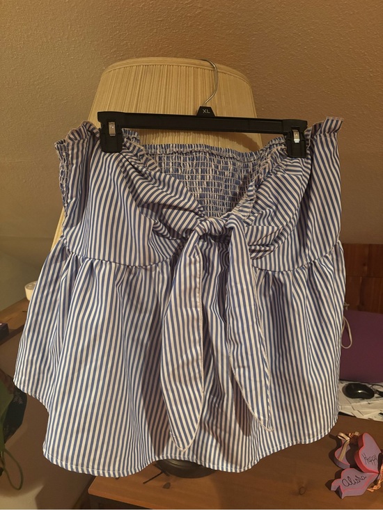 SHEIN Tops - SHEIN Blue and White Striped Off-Shoulder Tie Front Blouse